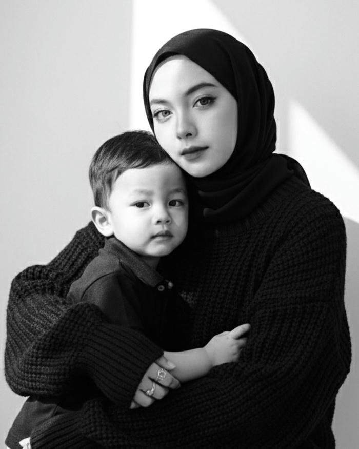 Love maa image showing mother in black outfit holding toddler son