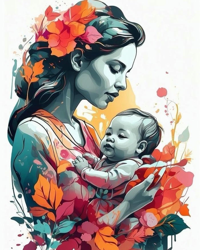 Love maa image watercolor art mother holding baby surrounded by flowers