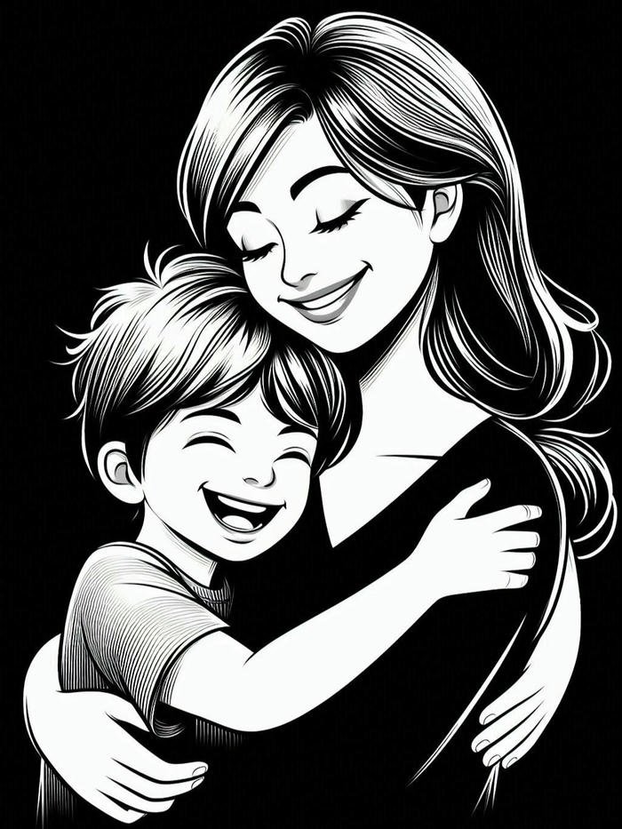 Maa drawing black and white ink sketch mother hugging son smiling