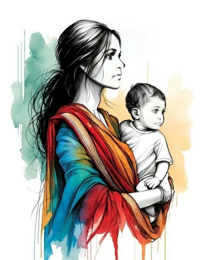 Mom and baby drawing watercolor sketch of mother holding infant vertically