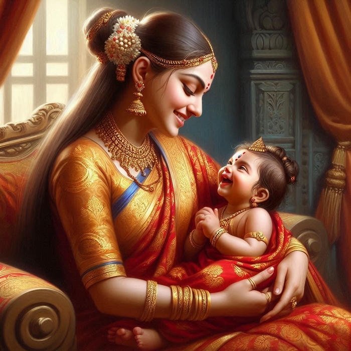 Mother and child art traditional painting of woman in red sari