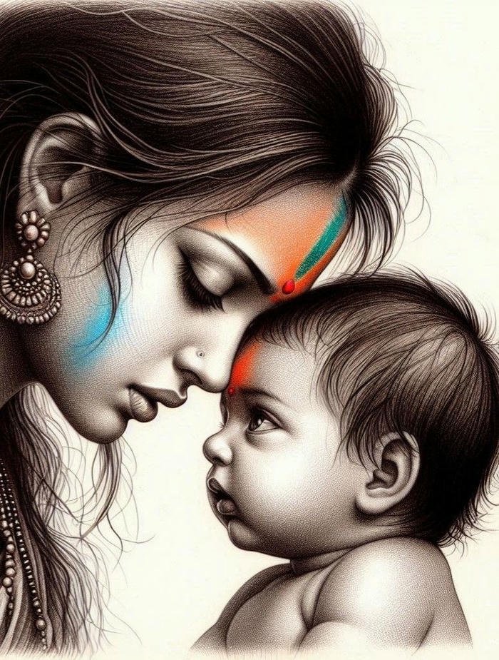 Mother face sketch charcoal drawing closeup of mom and baby faces