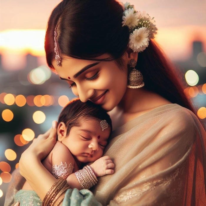 Mother holding baby warm lighting art of mom cuddling sleeping infant