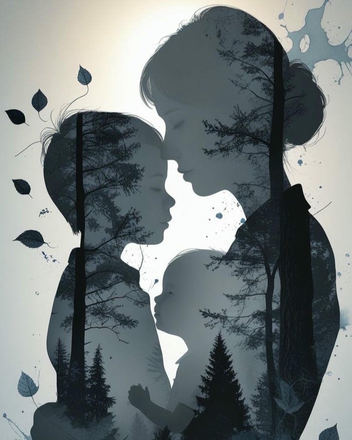 Motherhood silhouette double exposure art with forest trees inside profile