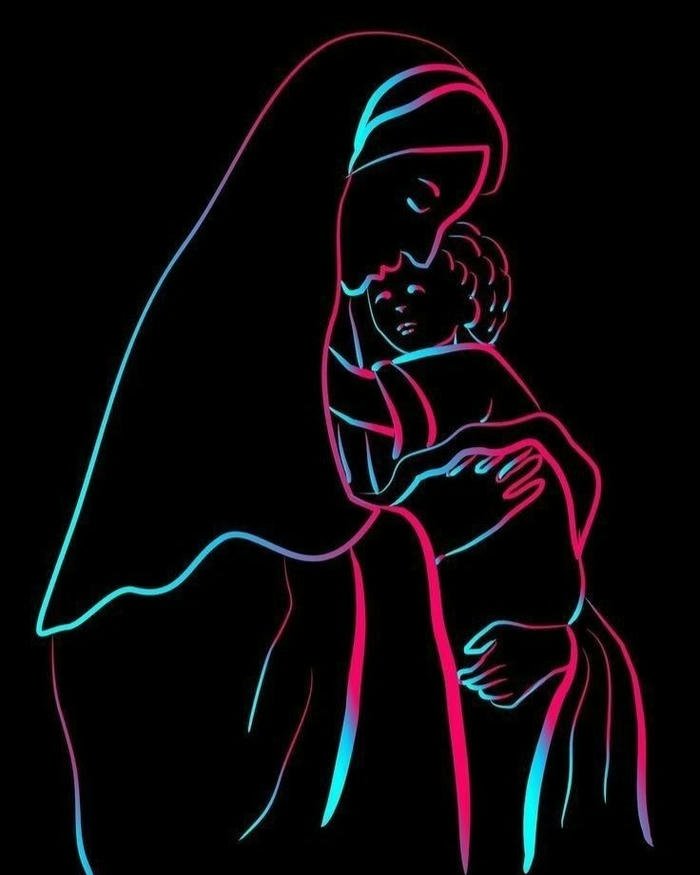 Neon mom art glowing outline of mother holding baby dark background