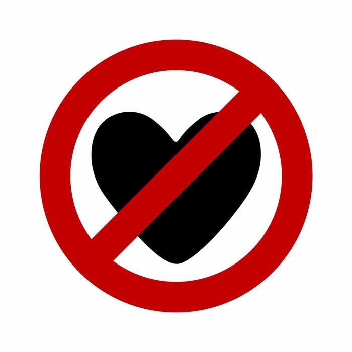 No love dp prohibition sign over black heart symbol graphic