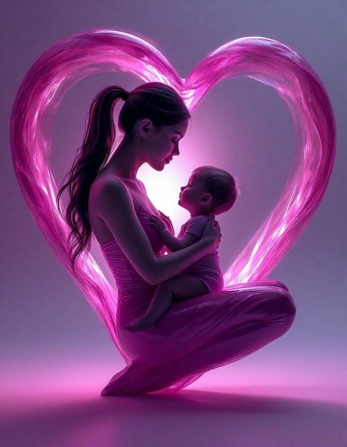 Pink neon heart glowing light shape containing mother and child silhouette