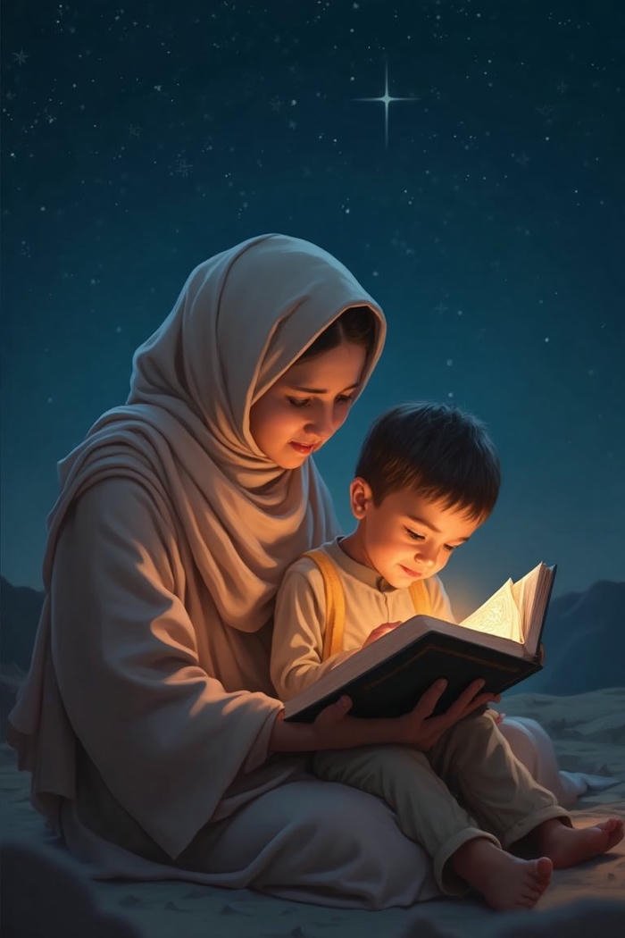 Reading to child mother reading book to boy under moonlight art