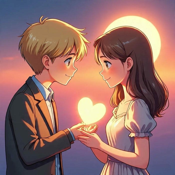 Romantic couple holding glowing heart light together at night