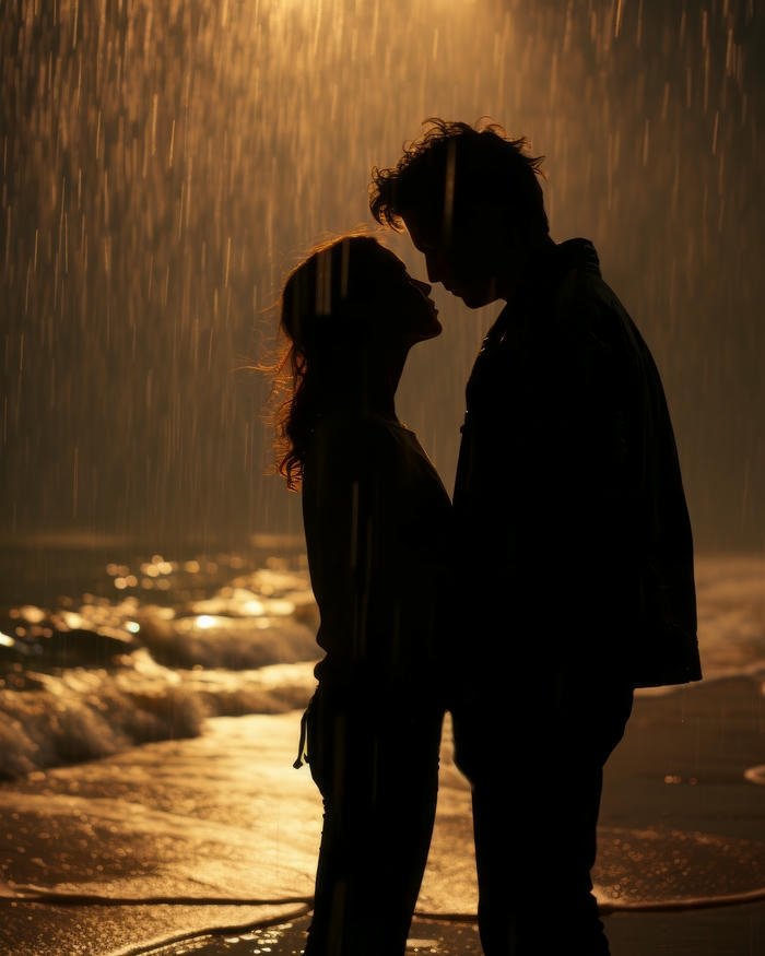 Romantic sad image silhouette couple kissing in the dark