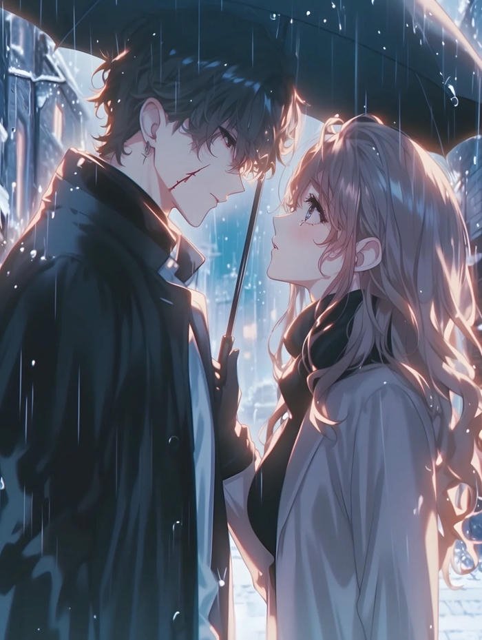 Sad anime romance couple standing apart in rain under umbrella
