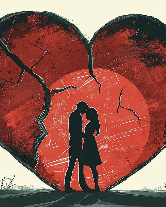 Sad love images couple kissing inside a broken heart frame