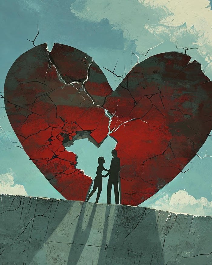 Sad love images large broken heart split in two on wall