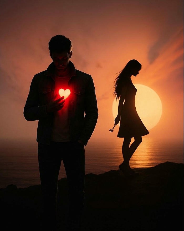 Sad love images person with glowing broken heart on their back