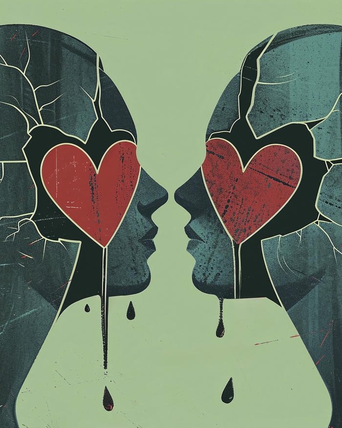 Sad love images two faces forming broken heart with couple inside