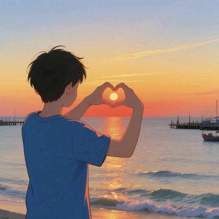 Silhouette boy making heart hands against sunset ocean view