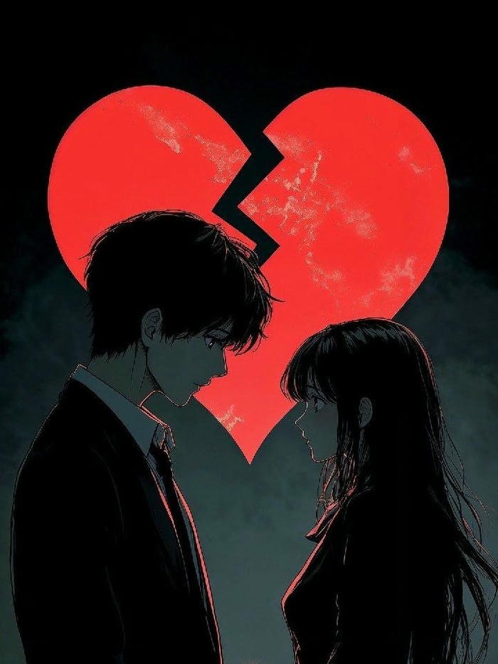 Silhouette couple facing each other broken heart background view