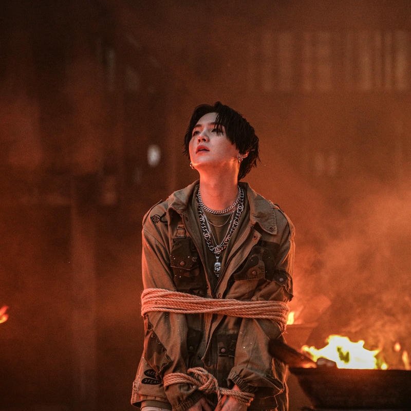 V sitting dark room fire background emotional vibe art