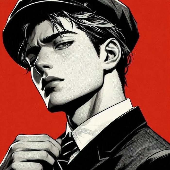 Anime art style handsome boy suit red background