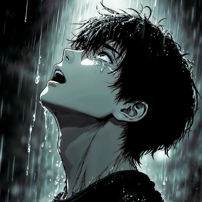 Anime boy looking up at sky in rain sorrow