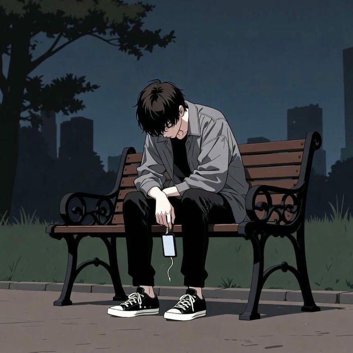 Anime boy sitting alone on bench in city street