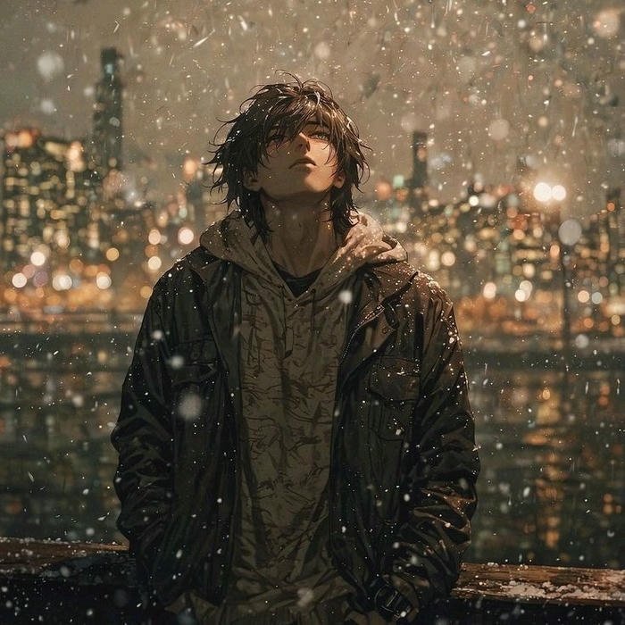 Anime boy standing alone in city rain at night