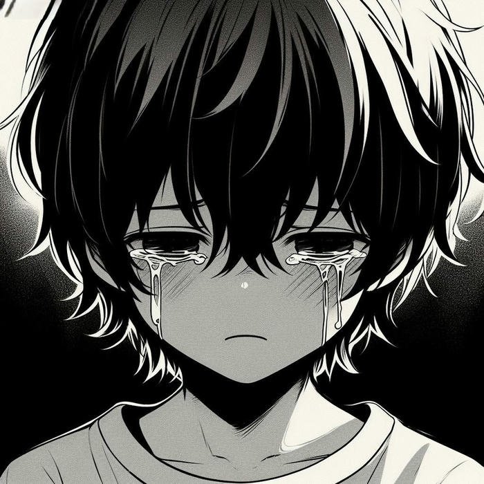 Black and white anime boy crying looking very heartbroken