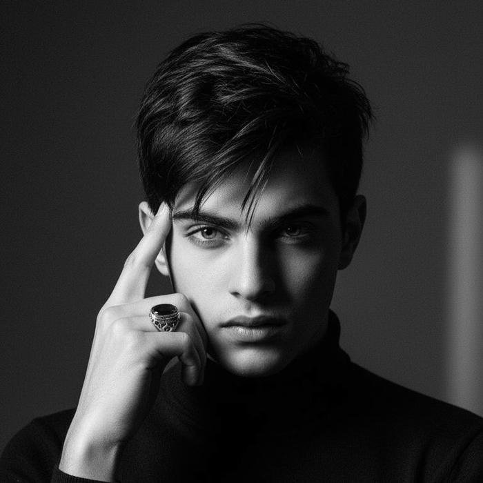 Black and white photo man touching temple thinking
