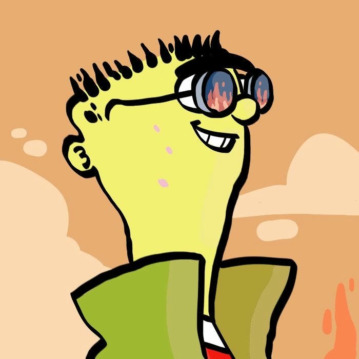 Cartoon character wearing green jacket looking confident and cool