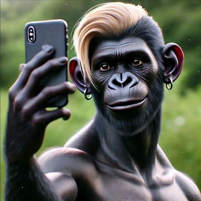 Chimpanzee taking selfie with phone looking cool style meme