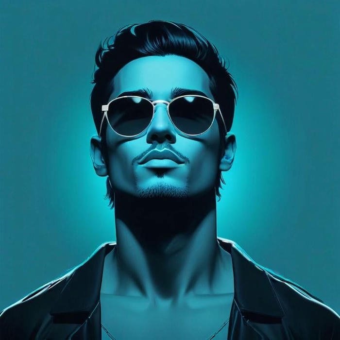 Cinematic teal portrait man sunglasses looking up cool