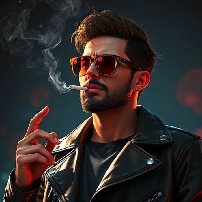 Cool bad boy leather jacket smoking cigarette smoke