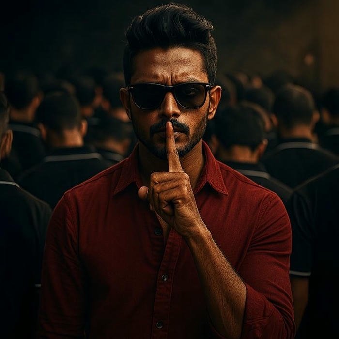 Cool bodyguard man with sunglasses making shhh gesture