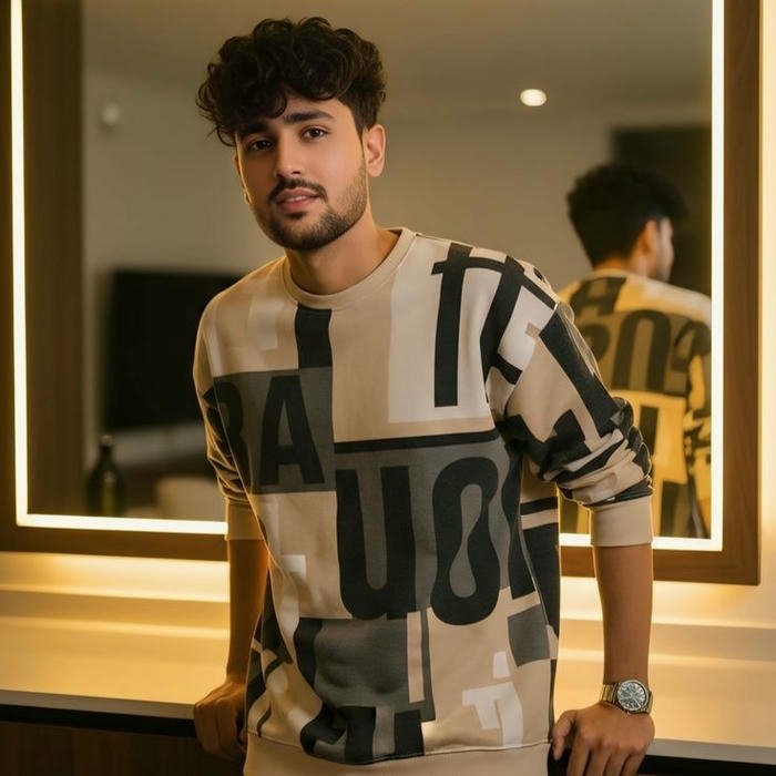 Cool guy graphic tee standing indoor lighting pose