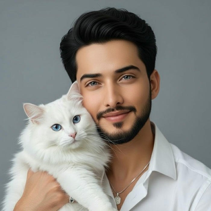 Cute guy holding white persian cat lovingly close up