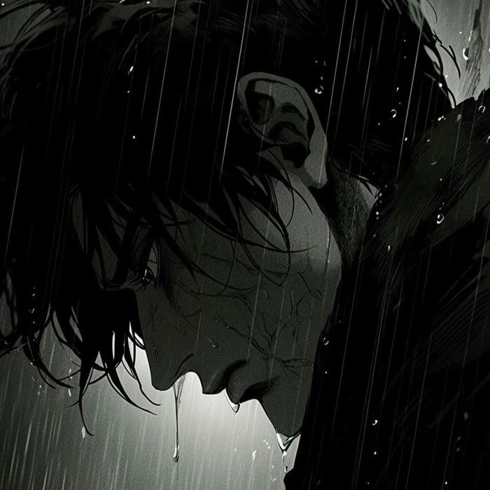 Dark anime profile boy looking down in despair rain