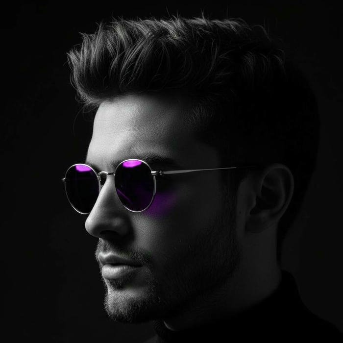 Dark profile portrait man sunglasses purple lighting effect