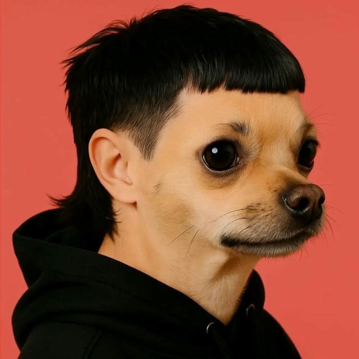 Dog with mullet hairstyle looking sideways funny meme profile
