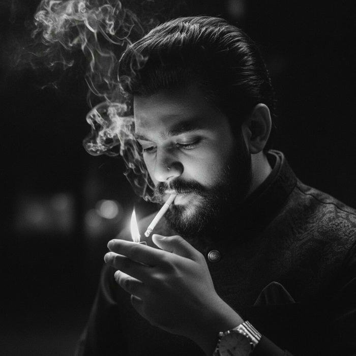 Dramatic black and white man lighting cigarette flame glow
