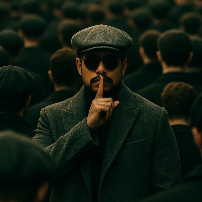 Gangster man in flat cap making silence gesture