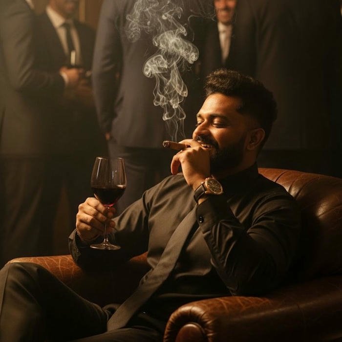 Gentleman smoking cigar in suit with golden lighting effect