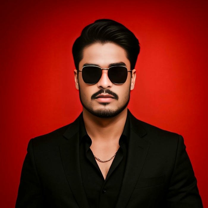 Handsome man black suit sunglasses red studio background