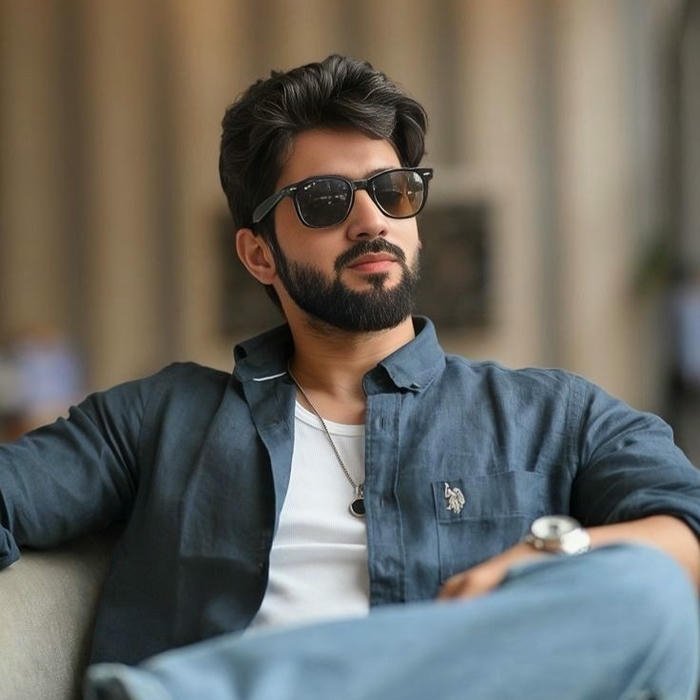 Handsome man denim shirt sitting relaxing outdoors style