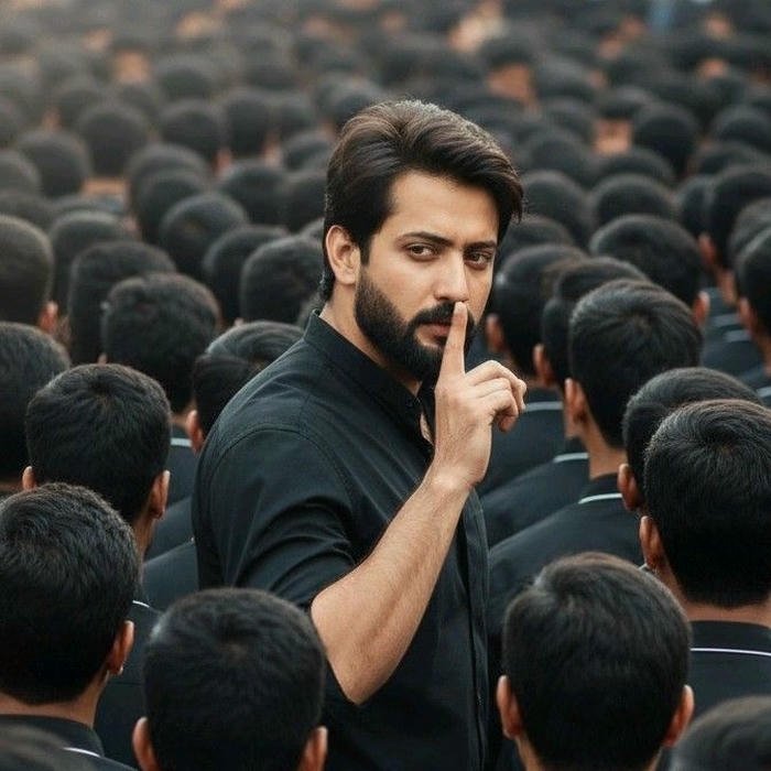 Handsome man in crowd making shhh sign cool style