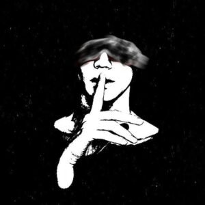 High contrast white silhouette man shushing dark background