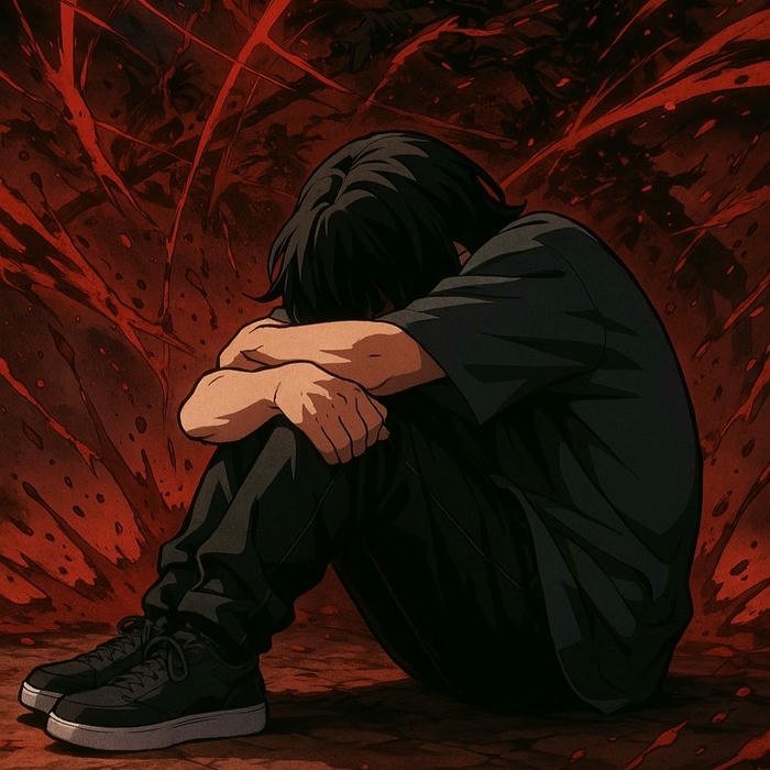 Lonely boy in hoodie sitting head on knees red