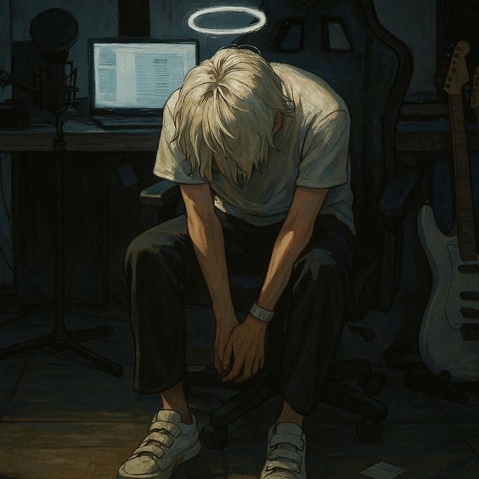 Lonely boy sitting on chair with head down dark