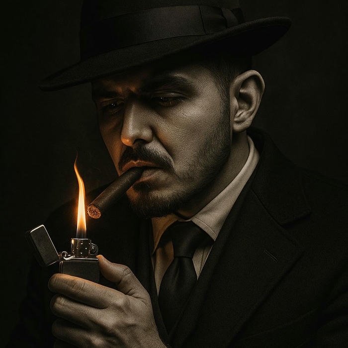 Mysterious man in fedora hat lighting cigarette with lighter