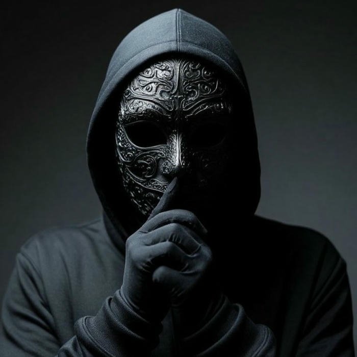 Mysterious masked man in hoodie making silence gesture
