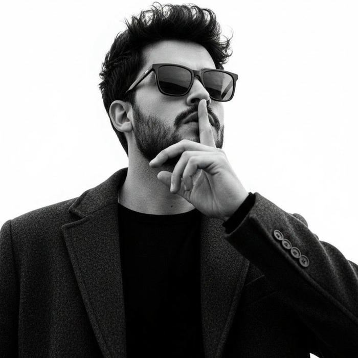 Mystery man black coat finger on lips silence